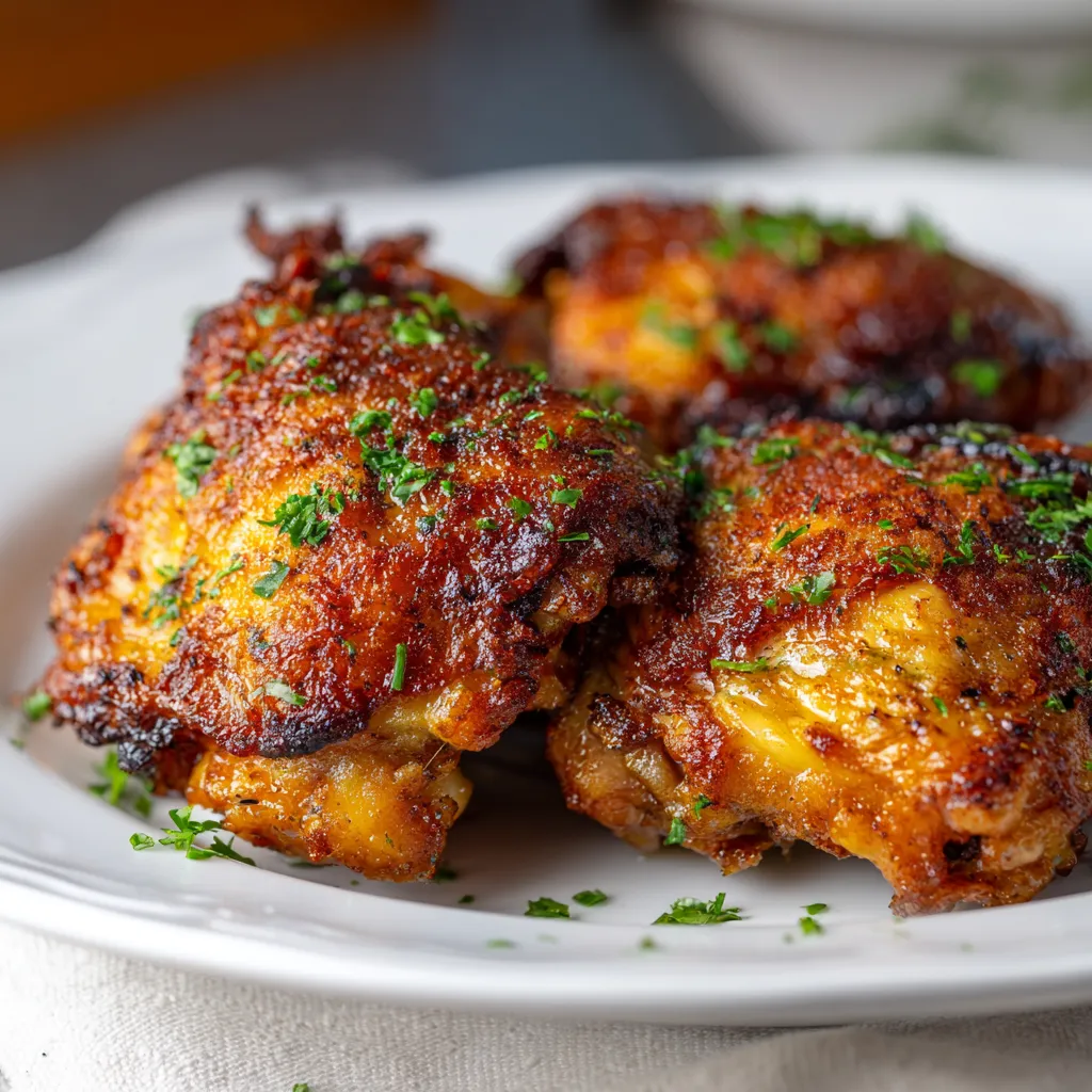 Crispy chicken thighs cooking in air fryer basket