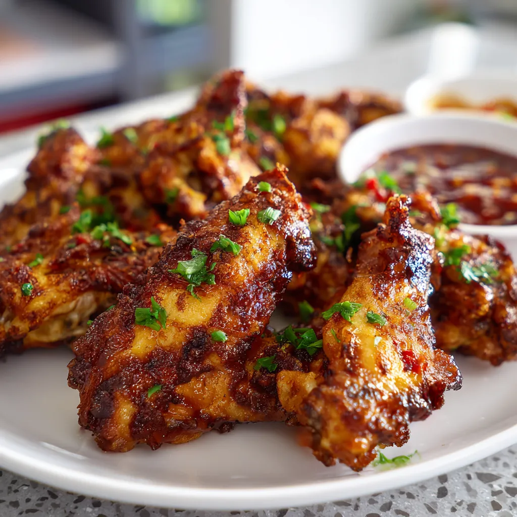 Air fryer chicken wings with a variety of dipping sauces