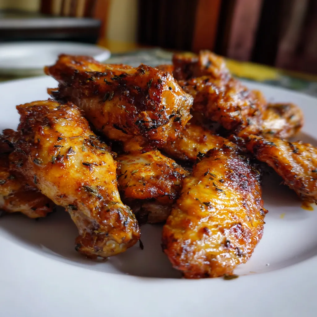 Crispy air fryer chicken wings garnished with fresh herbs