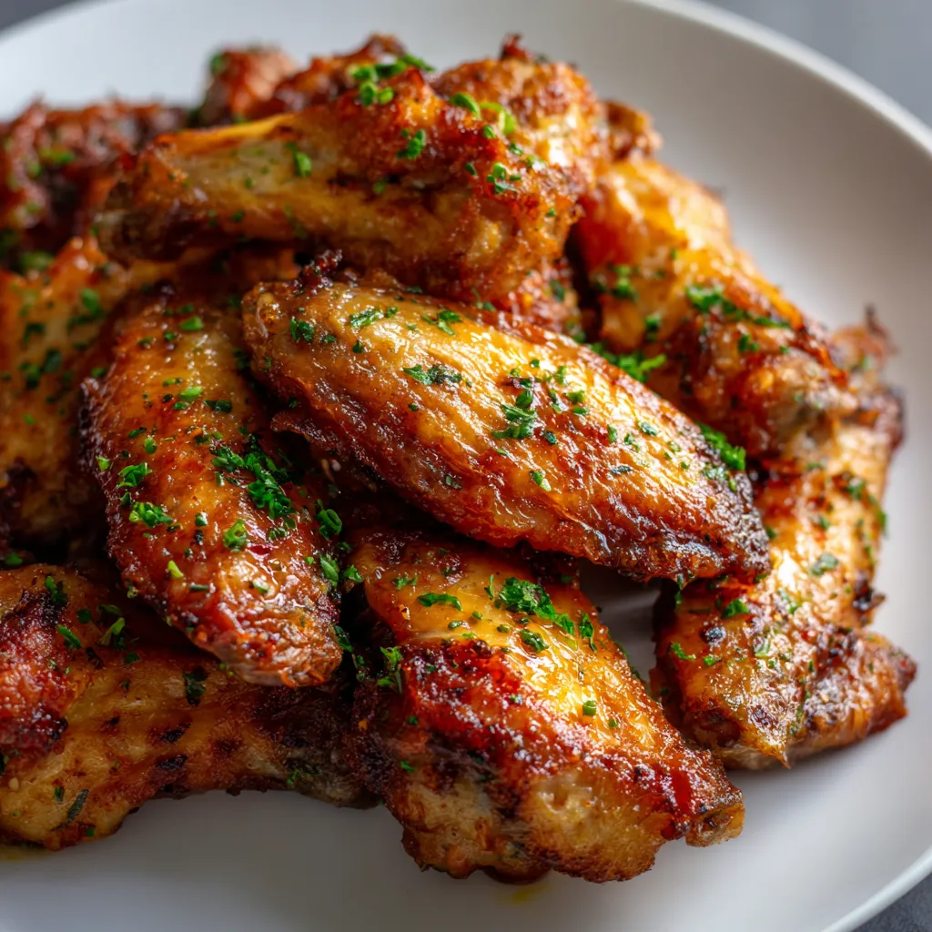 Air fryer chicken wings served on a rustic wooden table